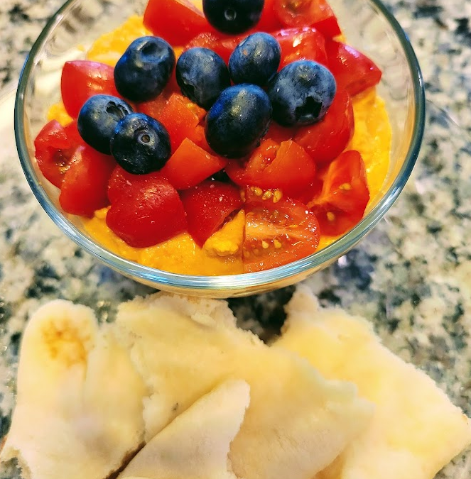 Hummus Topped with Blueberries and Tomatoes | Extra Deets